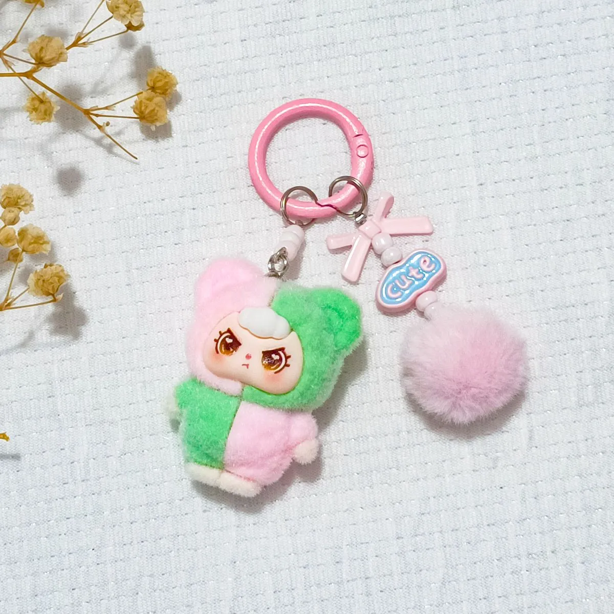 Color-Block Flocked DIY Car Ornament & Phone Lanyard – Cute Plush Figure Keychain, Versatile Bag Charm Pendant for Dashboard, Keys & Backpacks